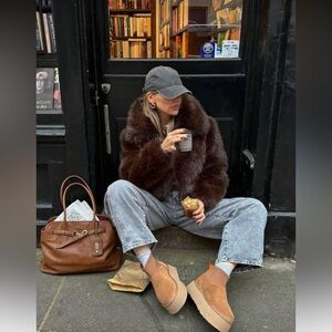 Luxury Vintage Style Faux Fur Zip Jacket chocolate Brown